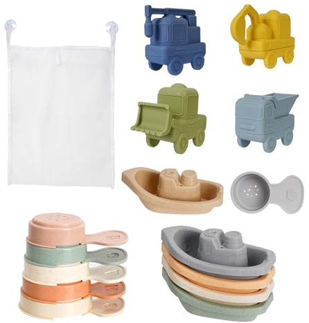 Jouet de Bain pour Bebe, 16 Pièces Jouet Bain Bébé à Presser Sensoriels avec Bateaux Empilables, Véhicules à Moteur et Cuillère, Silicone Souple Jouet Bain Enfant Jouet Piscine Jouets Flottants