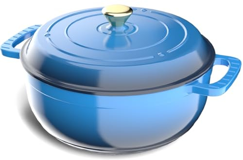 ROVSUN Cocotte ronde en fonte émaillée de 7,5 l avec couvercle et deux poignées avec gants en silicone, passe au four jusqu'à 260 °C, batterie de cuisine pré-assaisonnée très résistante pour la