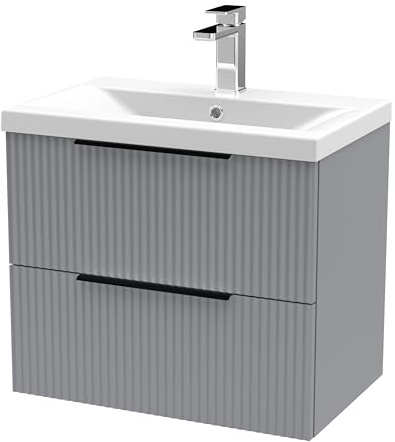 Balterley Vanity Unit with Basin Wall Hung, 2 Drawer Soft Close with Mid Edge Sink and Handles, Bathroom Vanity Units with Basin, Fluted Front Sink Cabinet - 610 x 390 x 540mm (Grey)