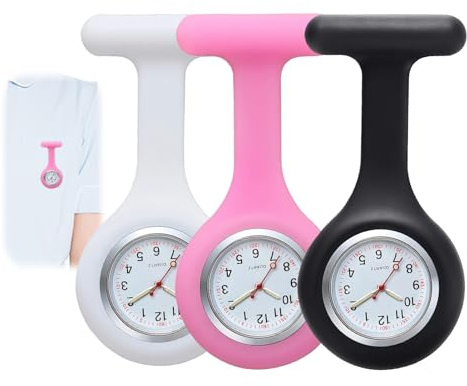 Funver 3 Pièces Infirmière Montre Broche en Silicone avec Broche Sécurisée, Montres Trotteuse à Gousset pour Aides Soignantes et Étudiants Infirmiers, Blanc/Noir/Rose
