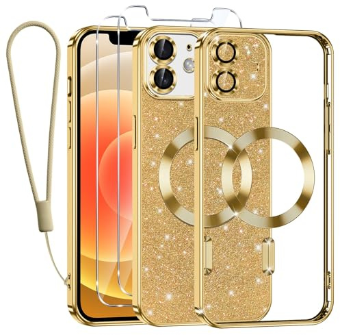 Tikfrlo Handykette für iPhone 12 Hülle mit MagSafe, Glitzer Magnetisch Handyhülle Stoßfeste Silikon TPU Schutzhülle Case für iPhone 12 mit 2 Stück Schutzfolie, Gold