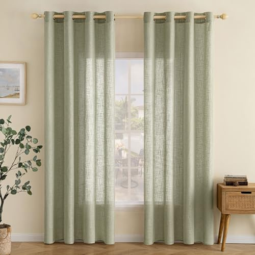 EMEMA Leinenvorhang Gardinen Vorhänge mit Ösen Salbei Grün 2er H225xB140cm | 2er Set Leinenvorhang mit Ösen Halbtransparent für Wohnzimmer Dekoschal Kinderzimmer Schlaufenschal Küchengardinen 140x225cm