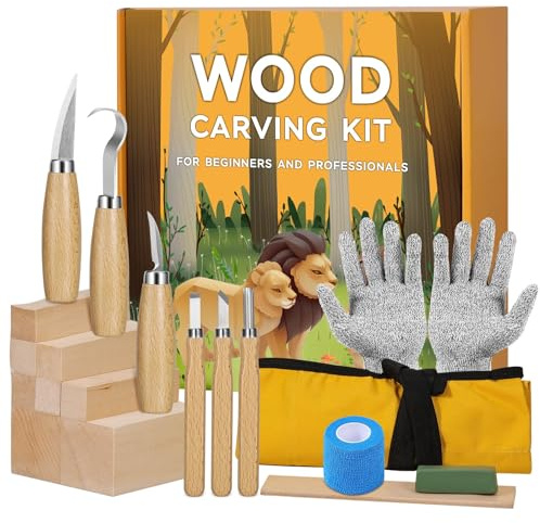 19 in 1 Wood Carving Tools Set for Adults Children Beginners, Wood Carving Set with 8 Basswood Carving Block Set, 6 Carving Knives for Wood, Cut-Resistant Gloves, Roll Bag, Sharpener Tape