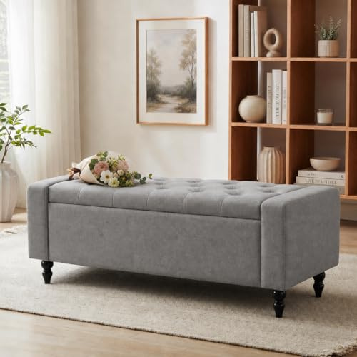 Hellove Ottoman de Rangement avec Coussin – Banc de Rangement pour Salon, Entrée, Chambre – Grand Espace de Stockage, Banc Coffre Assise Confortable, Mousse Épaisse & Structure Robuste, Gris