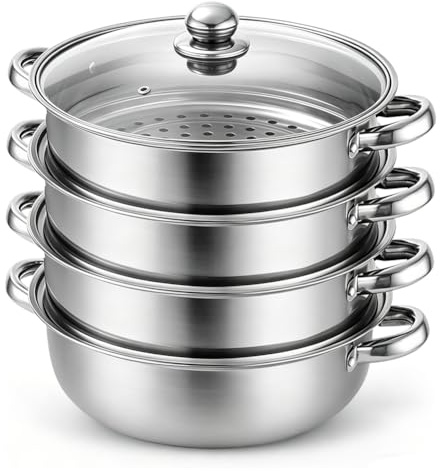 28 cm Dampfgarer,Edelstahl Dampfgarer mit Glasabdeckung,4-Tiers Dampfgarers | Ampfkocher Schongarer Induktion Dampfkochtopf, zum Garen von Gemüse, Meeresfrüchten, Suppen, Eintöpfen