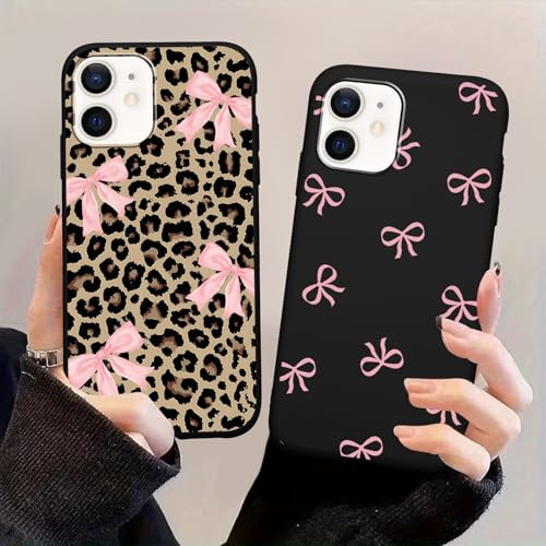 Yoedge 2 Pack Pink Bow Leopard Cheetah Phone Case for iPhone 12 mini 5.4 | Cartoon Leopard Print Aesthetic Cases Design Pattern Cases for Girls Women Boys Soft Silicone TPU Protective Cover Funda