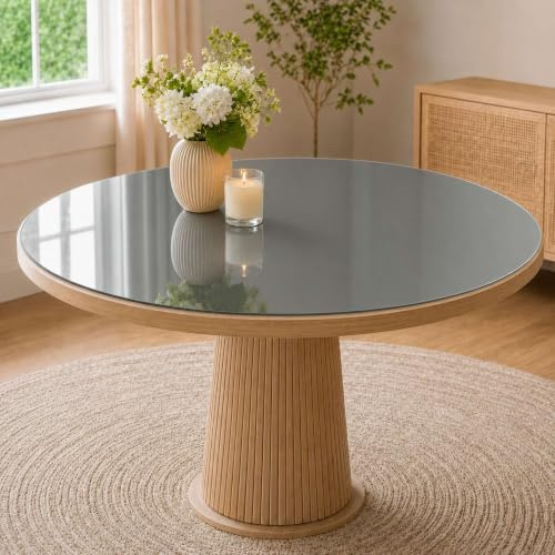 Cristalium Protector de Mesa Redondo de Cristal Espejo Gris Titanio 90 cm, Tapa de Vidrio 4 mm con Canto Pulido, Sin Colgador, Fabricado en España