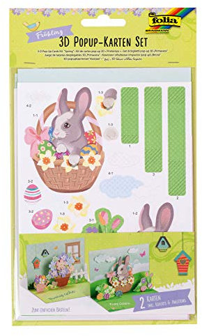 folia 11603 - 3D Pop Up Karten Frühling, Bastelset für 2 Glückwunschkarten inklusive 2 Kuverts mit Stanzteilen und 3D Klebepads