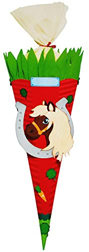 alles-meine.de GmbH BASTELSET Schultüte - Pferd, Pony & Hufeisen - 70/85 cm - mit/ohne Kunststoff Spitze - Zuckertüte - Set zum selber Basteln - 6 eckig/rot - Mädchen &..