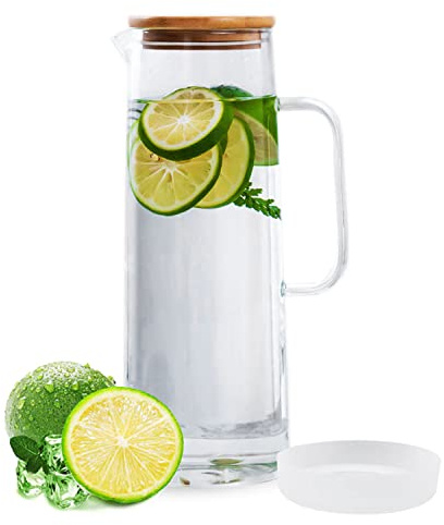 hjn Jarra de agua de vidrio con tapa de madera, jarra de agua con asa, jarra de vidrio para nevera para agua caliente/fría y té helado, jugo, leche, 1,5 litros