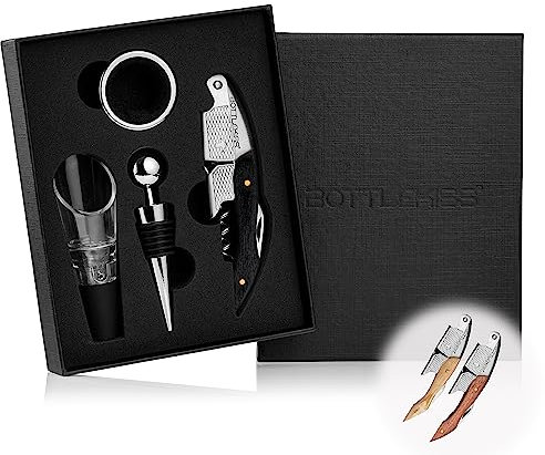 BOTTLEKISS® 4-teiliges Korkenzieher-Set - Einfach zu benutzen, mit ergonomischem Griff- Abtropfring, Ausgießer, Flaschenverschluss, Weinöffner - Langlebig und robust - Perfekt für Geschenke (Ebenholz)