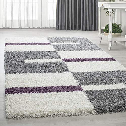 HomebyHome Shaggy Teppich Wohnzimmer 140 x 200 cm - Hochflor Teppich Lila, Grau und Weiss Extra Weich und Flauschig - Bettvorleger Teppich für Schlafzimmer, Küchenläufer - Carpet, Halı, Kilim
