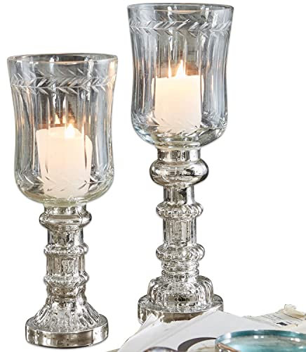 Loberon Windlicht 2er Set Ely, Zwei Größen, mundgeblasen, stilvolle Pokalform, kunstvoller Fuß, Kerzenständer, Wohn-Accessoires, Glas, klar/Silber