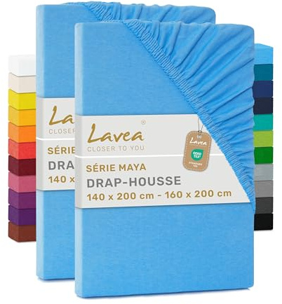 Lavea® 2er Pack Jersey Spannbettlaken 140/160x200cm – Himmelblau | 100% Baumwolle – Weiches Bettlaken für Matratzen bis 20 cm Höhe – Formstabil und Langlebig