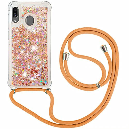 FMPCUON Coque Samsung Galaxy A20 /A30 Glitter Liquide Collier pour Téléphone Portable avec Cordon - Lanyard Paillettes Flowing Sand Silicone Gel TPU Housse avec Smartphone Collier Étui, Or