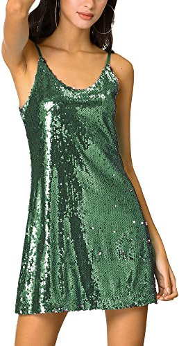 Allegra K Women's Glitter Sparkle Adjustable Strap Mini Party Sequin Dress, Dark Green, Small