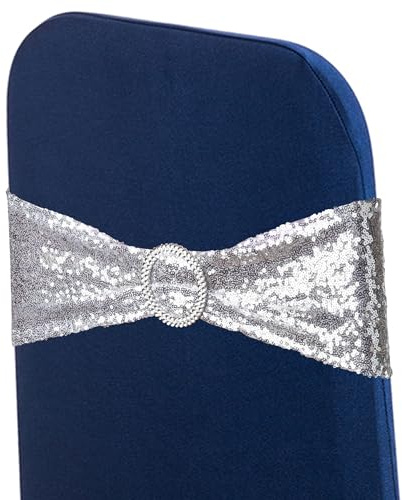 WedDecor Stretchy Chair Band with Slider Buckle, Sequin Silver, 50pcs | Spandex Chair Sash Band, Shiny Fabric Chair Bands for Wedding, Party, Birthday, Chair Decoration, Events, 13 x 6 Inches