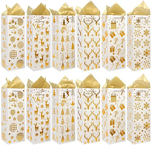 VEYLIN Bottle Gift Bag, 12 Pack Gold Christmas Wine Cover Bag with Handle and Tags for Winter Holiday Party Decoration