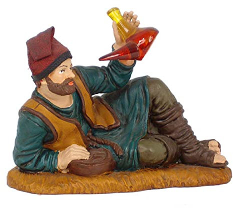 Tradineur - Figura de pastor con porrón y berretina para belén navideño 8,5 x 11 x 5,5 cm, durexina,figura decorativa pastor con botella de licor, nacimiento, pesebre, navidad, decoración tradicional