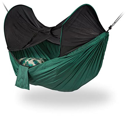 Relaxdays Hamac avec moustiquaire, Sac de Transport Compact, extérieur, lit Suspendu, HxLxP : 120x277x135 cm, Vert/Noir
