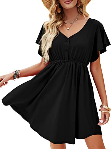 Beluring Women's Summer Short Sleeve Tunic Dress Elegant Prom Birthday Party Dresses Black Size 16-18