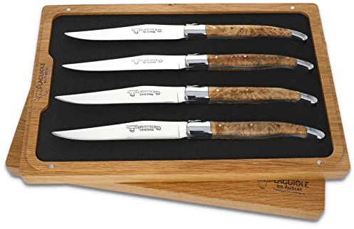Laguiole en Aubrac - 4er Set Laguiole Steakmesser aus Frankreich - Griff Lindenholz - Stahl glänzend - Original mit Zertifikat