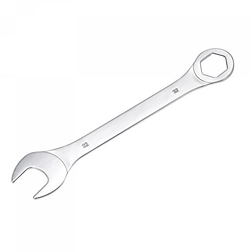 sourcing map Llave combinada delgada con extremo acodado de 6 puntas y extremo abierto en ángulo, sistema métrico de acero al carbono cromado espejo, 32 mm