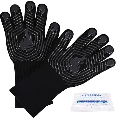 BBQ Gloves, 1472°F Heat Resistant Gloves Fireproof Mitts,Grilling Gloves Silicone Non-Slip Washable Oven Gloves, Kitchen Gloves for Barbecue, Grilling, Cooking, Baking, Camping, Smoker (Black)