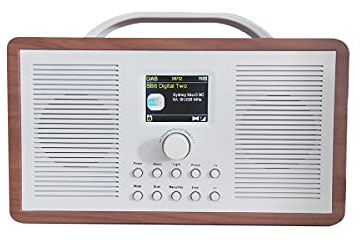 ALANO Radio numérique FM/DAB+/Bluetooth/AUX IN en bois, radio DAB portable avec écran couleur TFT 2.4 et double mode alarme, radio DAB avec design rétro pour jardin et cuisine (marron clair)