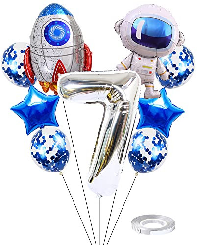 Kawailay Weltraum Luftballon Set Astronauten Geburtstag Deko 7 jahre Astronauten Raketen Folienballon Silber Zahl 7 Luftballons Aluminium Ballon für Kinder Jungen Mädchen Geburtstag Party
