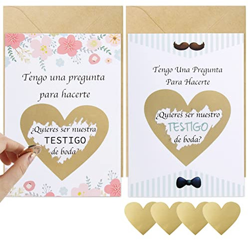 BETESSIN 2pcs Tarjeta Rasca con Sobre Tarjeta Anuncio Boda Doble Caras Tarjeta Corazón para Invitación Testigo Padrino Dama de Honor Cliente