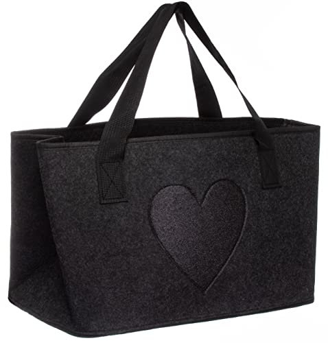 Brandsseller Filztasche Glitzer Herz ca. 40 x 26 x 21 cm | Freizeittasche aus Filz | Strandtasche |Praktischer Shoppingbag | Einkaufstasche mit Henkel | Anthrazit