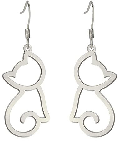Katze Ohrringe für Frauen Edelstahl hohl aus Stil niedlich Charme offene Katze baumeln Haken Ohrringe Schmuck Geschenke für Tierliebhaber (Silber)