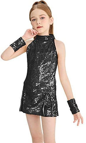 LOLANTA Costume da Ballo per Ragazze con Paillettes, Hip-Hop, Abbigliamento per Bambini, Nero, 8-9 Anni, 140