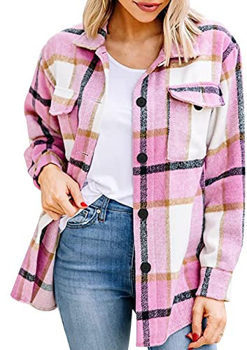Camicia Scozzese Donna Flanella Quadri Shacket Giacca Scacchi Classica Oversize Boscaiolo Casual Taglie Forti Quadretti Bottoni Primavera Rosa XXL