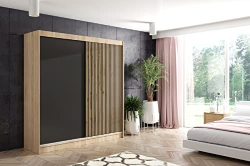 ALTDECOR Kleiderschrank mit Lamel-Schiebetüren, kugelgelagerte Führungsschienen und Aluminium-Leisten - VILAN - 200 cm Sonoma Eiche + Lamelle Eiche Wotan