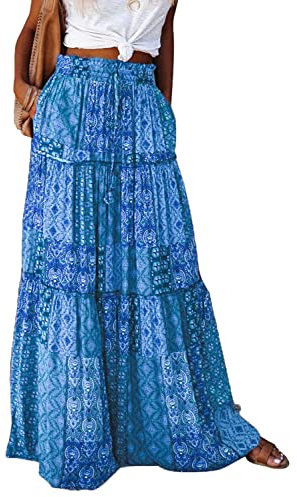 Byoauo Maxi Skirts for Women Hohe Taille mit Taschen Gürtel Falten Plissee Freizeit Boho Blumen Midirock Strandrock