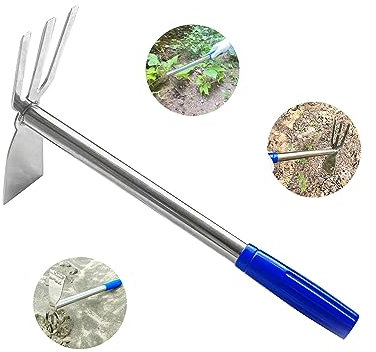 XFJTECH Gartenhacke, Gartenwerkzeuge, 2-in-1-Hacke und Rechen, robuster Edelstahlkörper für Garten, Hof, Rasen, Bauernhof, Gemüse, Blumen, Pflanzen, Graben, Gadget, Hacke und 3-Zinken-Rechen