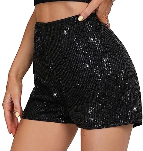 PengFaXin Damen-Shorts mit Pailletten, hohe elastische Taille, einfarbig, glitzernd, Party-Shorts, Schwarz , S
