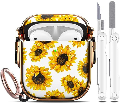 R-fun Custodia per AirPod con blocco di sicurezza con kit di pulizia, stampa floreale Custodia per AirPods di 1a/2a generazione per donne e uomini con portachiavi per Apple Airpods,Girasole