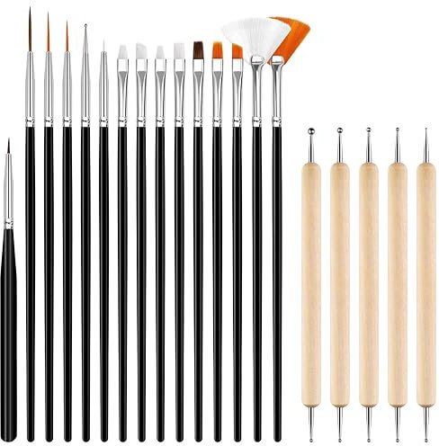 Hanyousheng Nail Art Brushes Set, 15pc Black Brushes, 5pc Dotting Tools, Designer Nail Art Pen Kit for DIY & Professional Use