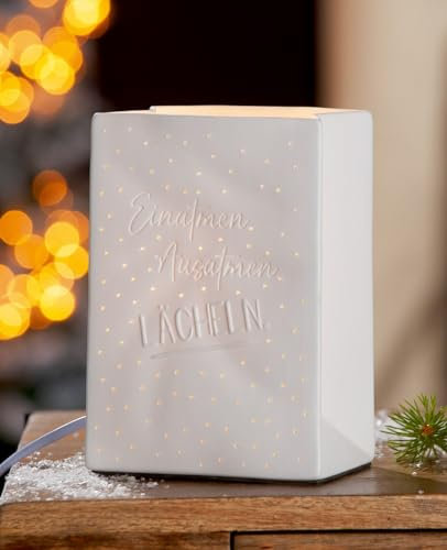 GILDE Tischleuchte Lächeln Porzellan weiß rechteckig 18 cm Höhe mit Spruch Dekoration Beleuchtung Wohnaccessoire Design