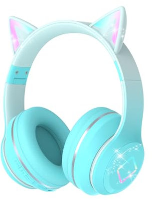 Bluetooth Kids Headphones,Cat Ear LED Light Up Kids Wireless Headphones,Bluetooth 5.1&Stereo Sound,Foldable,Adjustable Headband,Children Headphone with Microphone Over Ear for School/Tablet (Green)
