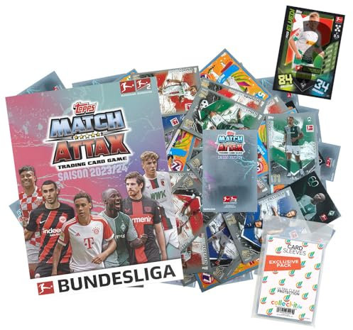 Bundle mit Topps Match Attax Bundesliga - 2023/24 - Sparangebote + Exklusive Collect-it Hüllen (1 Sammelmappe + 100 Verschiedene, zufällige Karten)