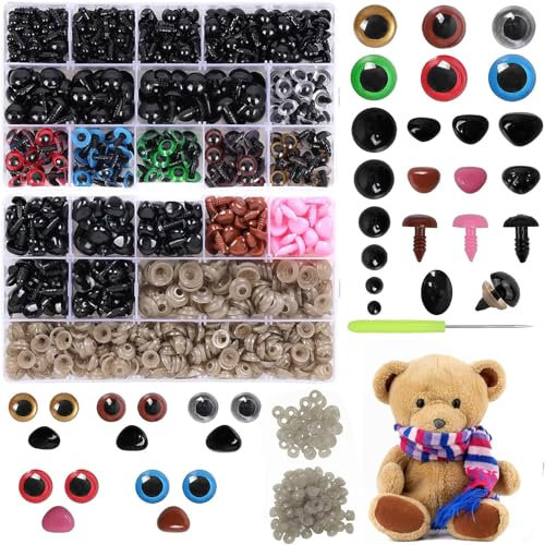 DEMOCRATIDO 915 Stück Kunststoff knopfaugen,Bunte Amigurumi Augen mit Unterlegscheiben,Sicherseitsnasen puppenaugen für Puppe Teddybär Spielzeuge DIY Basteln