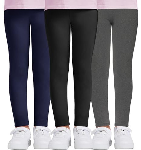 DDOBB 3er Pack Leggings Mädchen High Waist Leggins Kinder Sportleggins Lange Weich Elastisch Basic Sporthose Blickdichte Hose für Tanz Yoga Alltag(Schwarz+Navy+Hellgrau, M=(6-8 Jahre))