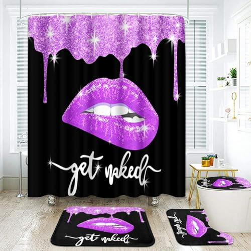 Arttown Schwarze Badezimmer-Sets mit Duschvorhang und Teppichen und Zubehör, glitzernde Diamant-Duschvorhang-Sets, Lippen-Duschvorhänge für Badezimmer, Schwarz und Lila, Badezimmer-Dekor, 4 Stück