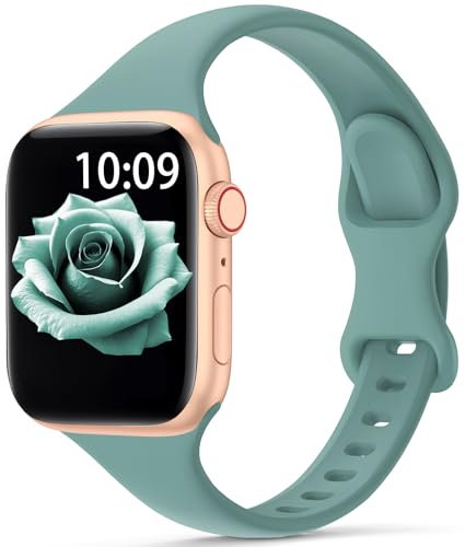 DigiHero Slim Strap Compatible with Apple Watch Straps 40mm 38mm 41mm 42mm 44mm 45mm 49mm for Women Men,Thin Narrow Soft Silicone Sport Strap for iWatch Series 9/8/7/6/5/4/3 Ultra/2 SE. Pine Green L