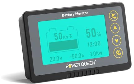 Power Queen Moniteur de batterie 500A avec shunt,Alarme programmable,Plage de tension 8V-120V,Affichage LCD, Fil blindé 20ft,Compatible avec les batteries 12V Lithium, LiFePO4, Gel, plomb-acide