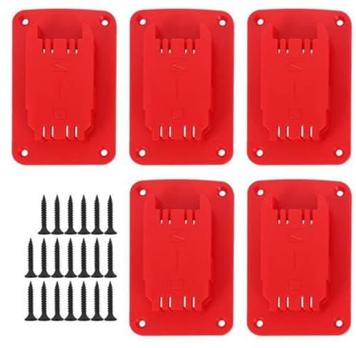 5 Pack Battery Mount Holder Compatible with Dewalt Milwaukee M18 18V, Wall Mount Rack Base with Screws, Electric Drill Tools Fixing Bracket Hanger, Red